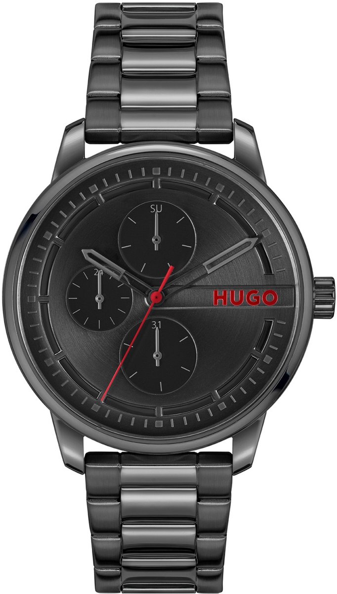 HUGO HU1530369 #STAMP MULTI Heren Horloge - Mineraalglas - Staal - Zwart - 44 mm breed - Quartz - Vouw-Vlindersluiting - 3 ATM (spatwater)