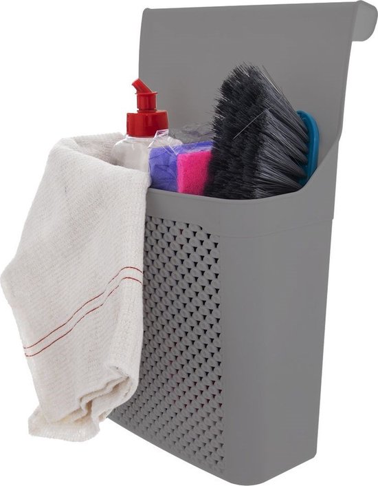 Organisateur gris avec liquide vaisselle, deux éponges, une brosse et un torchon.
