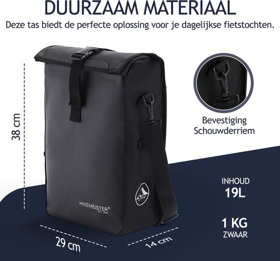 Hikemeister Milan - Sacoche de vélo simple - Matériau hydrofuge - 19L - Zwart - Polyester 600D + PVC - Sacoches de vélo pour vélos électriques