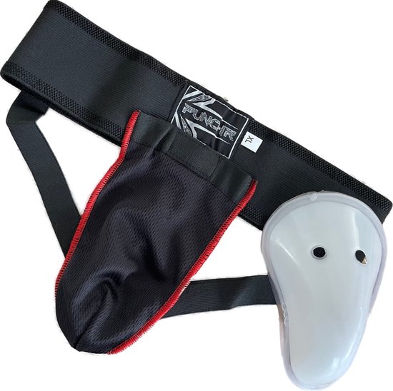 Zwarte kruisbeschermer met rode bies, Punchr logo, en losse witte beschermkap. Maat XL.
