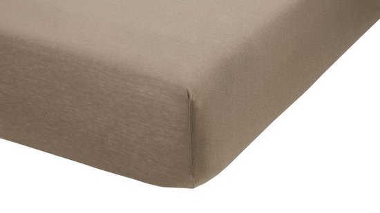 Taupe hoeslaken van jersey met elastiek aan de zijkanten.