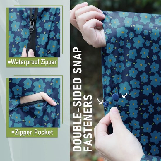 Gedetailleerde close-ups van een blauwe poncho met bloemenprint: waterdichte rits, ritszak, dubbele drukknoopsluitingen.