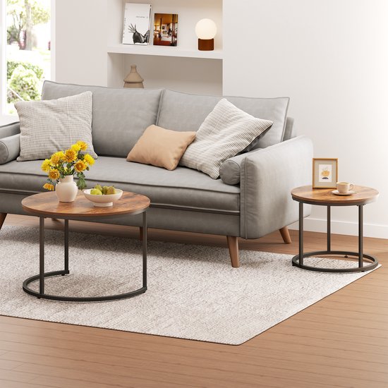 Acaza Table Basse - Table Basse Ronde - Set de 2 Tables basses - 72 Ø cm - Table Basse Industrielle - Marron Vintage