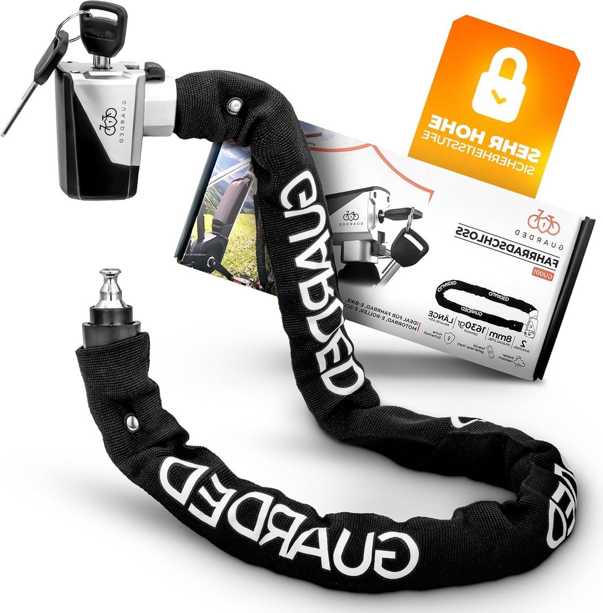 Cycle Lock with Key - High Security Level, Anti-Theft Bike Lock 8 mm Steel Chain for E Scooter E Bike City Scooter Motorcycle