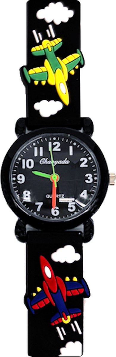 Kinderhorloge - 3D Vliegtuigen Zwart | Siliconen | Ø 25 mm