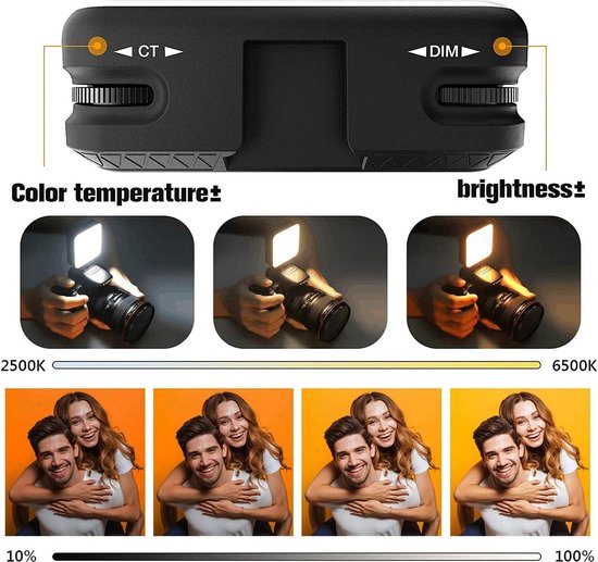 Detail van de draaiknoppen voor kleurtemperatuur en helderheid. Drie foto's tonen de aanpassing van de kleurtemperatuur en helderheid op een camera. Vier foto's van een koppel met variërende helderheid.