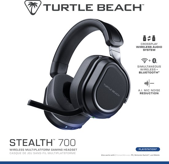 Zwarte Turtle Beach Stealth 700 Gen 3 gaming headset met microfoon, productinformatie en logo "Turtle Beach".