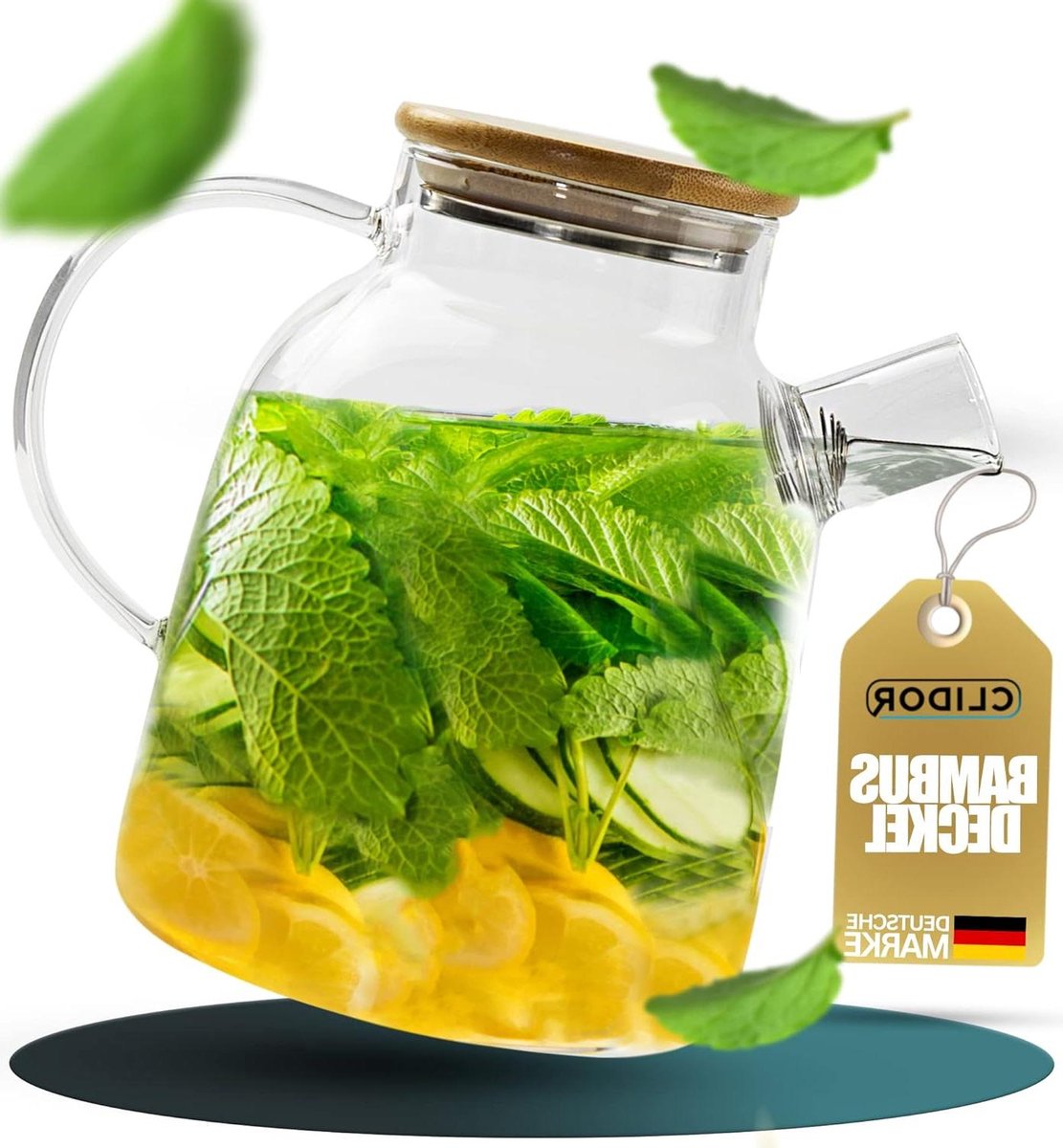 16 liter waterkaraf met bamboe deksel druppelvrije schenktuit filter robuust glas