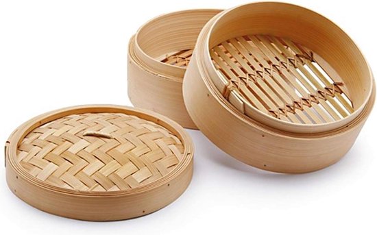 YUDU Cestello Portaoggetti In Bambù E Metallo - Set Da 2 Cesti E Coperchio, Diametro 20 Cm, Ideale Per Vaporiera O Ganci Portagioie