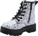 Zilveren Skechers laars met ritssluiting aan de zijkant, zwarte veters, plateauzool en doodle-print.