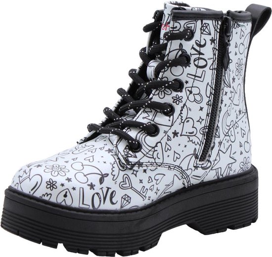Zilveren Skechers laars met ritssluiting aan de zijkant, zwarte veters, plateauzool en doodle-print.