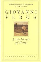 Boekomslag van "Little Novels of Sicily" met een schilderij van een vrouw met een paraplu in een landschap.