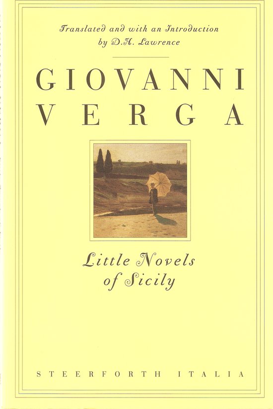 Boekomslag van "Little Novels of Sicily" met een schilderij van een vrouw met een paraplu in een landschap.