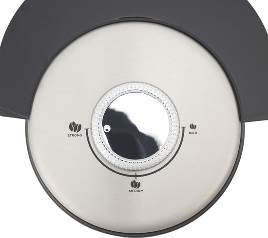 Ronde roestvrijstalen knop voor sterkte-instelling (mild, medium, strong) op een koffiezetapparaat.