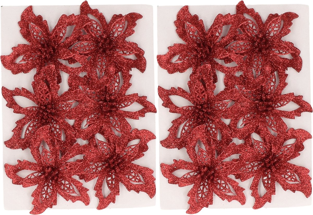 Cosy&Trendy Cosy & Trendy Kerstboom bloemen op clip - 12x st - rood -glitter - 8 cm - polyester - roos