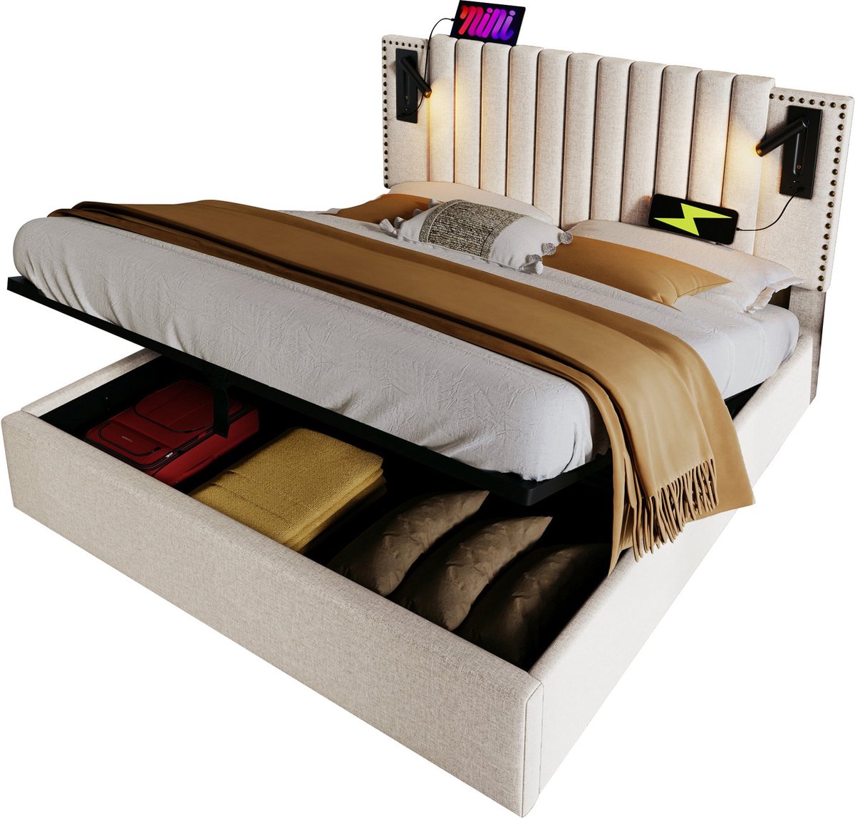 Merax Gestoffeerd Bed 140x200 cm met Matras - USB Oplaadfunctie - Leselicht en Opbergruimte - Beige Katoen - Inclusief Lattenbodem en Bedkast