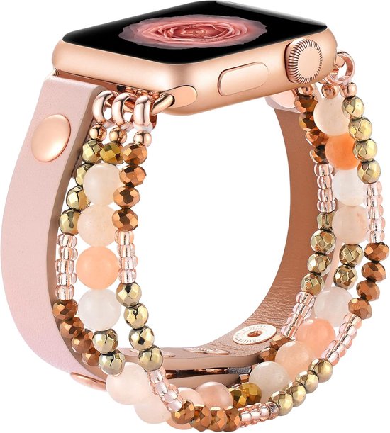 FFO2World Boho Stijl Kralen Armbandje voor Apple Watch bandje 42mm (Serie 11/10) / 41mm / 40mm / 38mm - Roze - Handgemaakt Elastisch Dames Horlogebandje - Elegante Kralen Bandje Voor Apple Watch SE 1 2 3 / Series 11 10 9 8 7 6 5 4 3 2 1