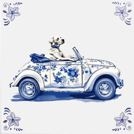 Delfts blauw tegeltje Dog in car - delfts blauw wandbord - delftsblauw - hollandse cadeautjes - wanddecoratie - decoratieve accessoires