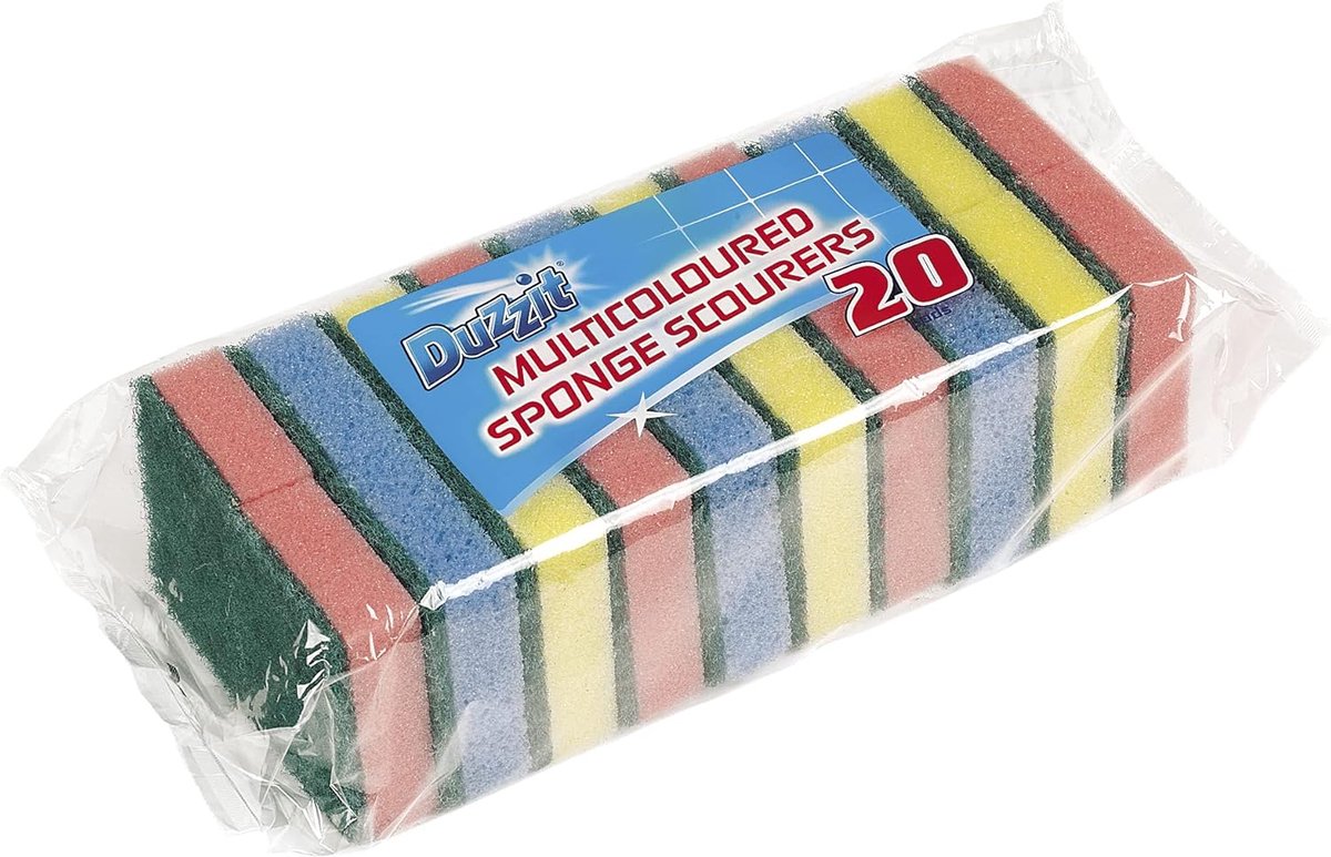 Goedkoopste Duzzit® 20 Stuks Schuursponzen - 9 x 5 x 2 cm - Schoonmaak Sponzen - keuken Schuursponjes - Multi Kleuren