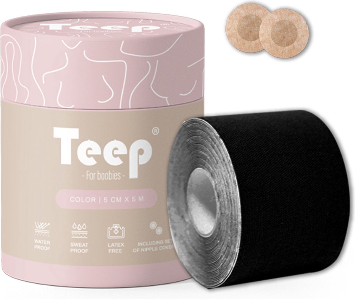 Boob tape - Boobtape - Plak bh - Zwart - 500x5cm - Inclusief set nipple covers - Teep