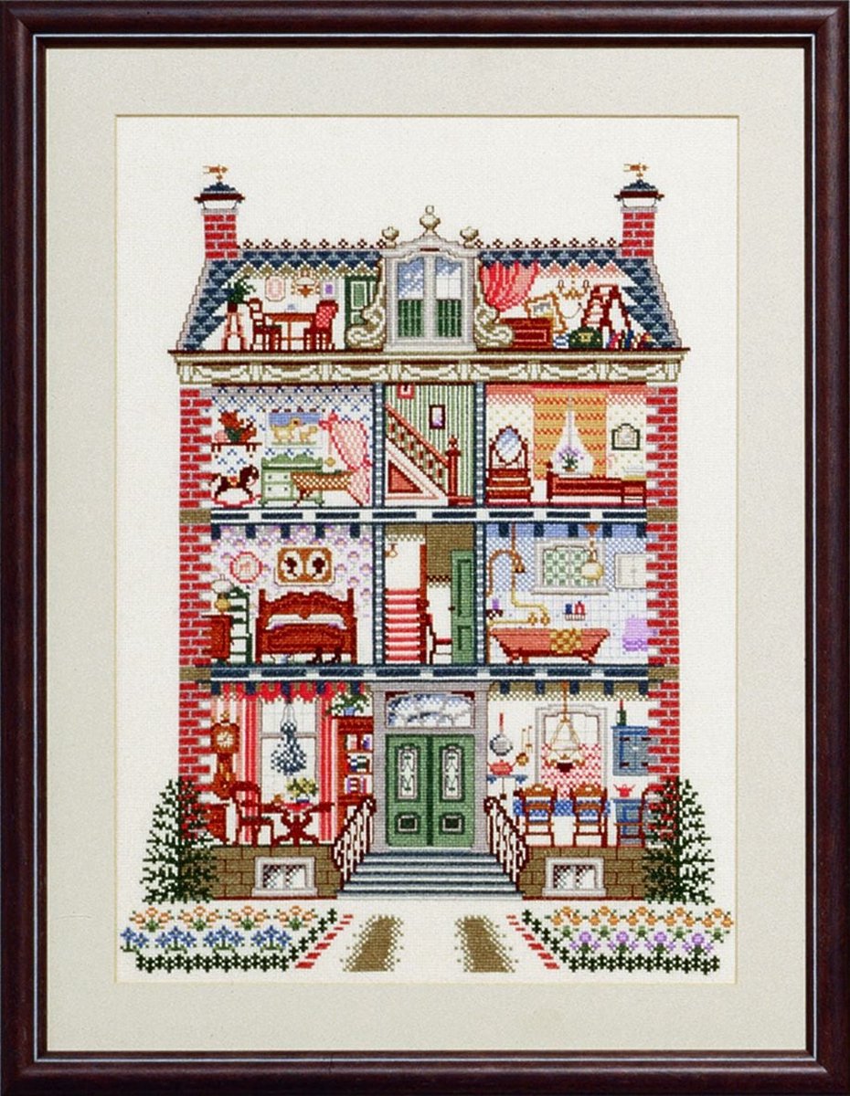 Pako Borduurpakket - telpatroon en code kaart - Klassiek poppenhuis- 219.241 - voorgesorteerd garen - Aida - 23 x 46 cm - DIY kit