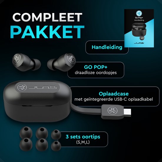 JLab Go Pop Draadloze Oordopjes - Bluetooth Oortjes Draadloos - 35 uur Batterijduur - Met Microfoon - Geschikt voor Android en Apple - Zwart