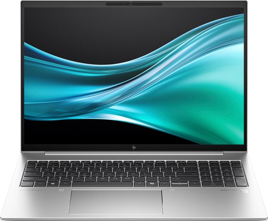 Zilveren HP EliteBook laptop met open scherm. Toetsenbord en touchpad zichtbaar.