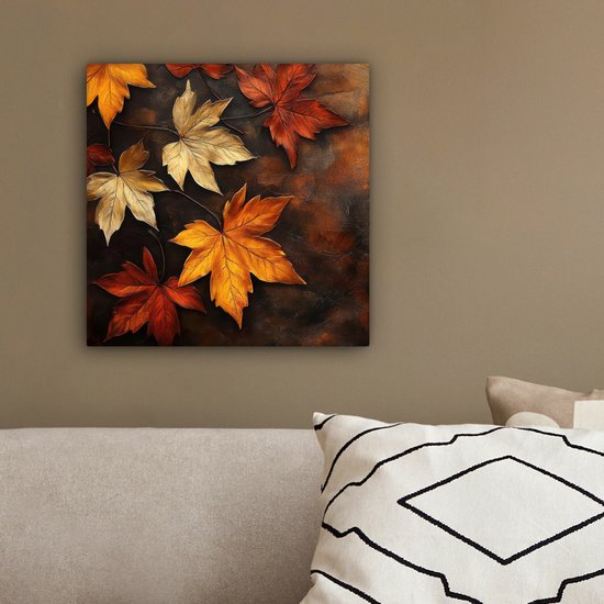 Peinture sur toile 20x20 cm - Décoration murale Feuilles d'automne - Marron - Feuilles Oranje - Rouge automne - Décoration murale murale salon - Décoration chambre - Accessoires de chambre - Peintures