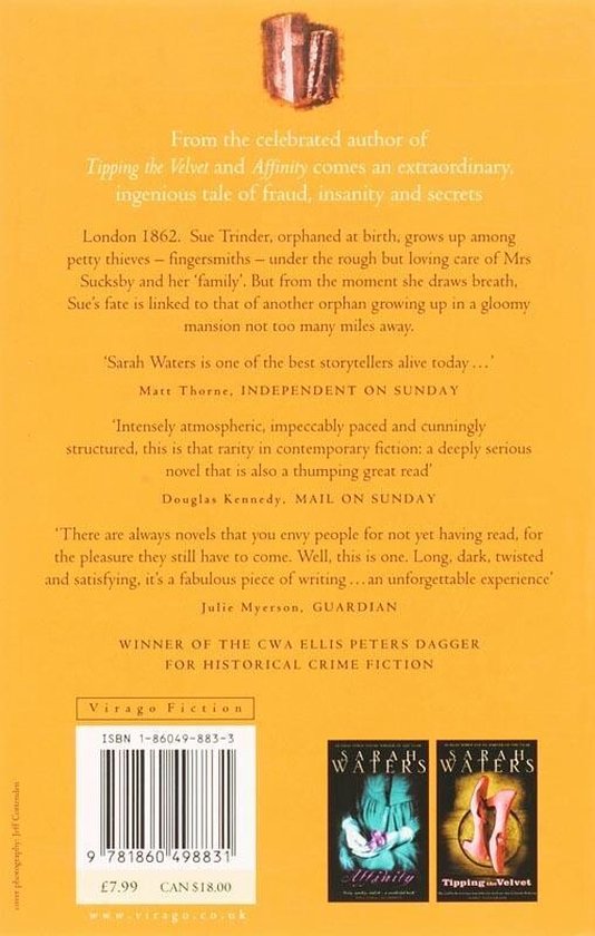 Achterkant van het boek 'Fingersmith' met de beschrijving, citaten, ISBN en een afbeelding van de twee boeken.
