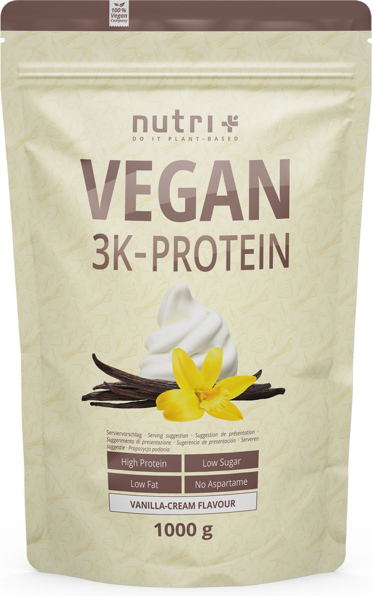 Goedkoopste nutri Vegan 3K Protein - Eiwitpoeder Vanilla Cream - Veganistisch proteïne poeder - met proteïnen uit soja, erwten en zonnebloem - lactosevrij en glutenvrij - 1000 g