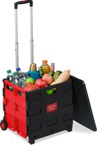 Bol.com Relaxdays boodschappentrolley - inklapbaar - tot 35 kg - 50 l krat - telescopisch handvat - vouwkrat - 2 wielen - rood-z... aanbieding