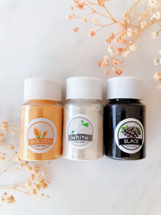 Mica Poeder Set | Classics | Klassieke Kleuren | Basis Kleuren | Pigment Poeder | Kleur Poeder | 8-10 gr per potje | Epoxy Resin Giethars | 3 kleuren per set: Wit, Goud, Zwart | Parelmoer-effect