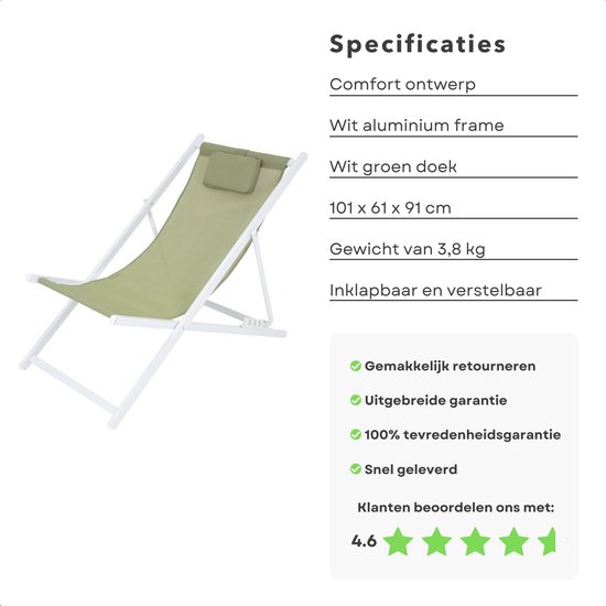 Cheqo® Ligstoel - Opvouwbare Tuinstoel - Strandstoel Opvouwbaar - Campingstoel - Wit Aluminium Frame - Groen Doek - Inklapbaar - Verstelbaar - 101x61x91cm - Gewicht 3.8kg van Cheqo — afbeelding 5