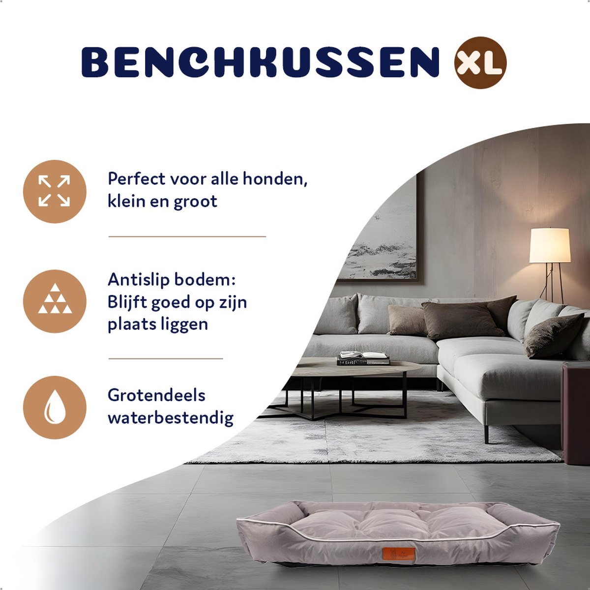 Pet Perfect Benchkussen XL - Hondenkussen Wasbaar - Hondenmand - Grijs - 90x55x10 thumbnail 2