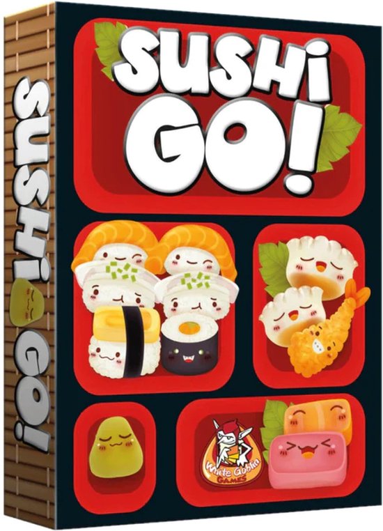 Doos van het kaartspel Sushi Go! met een rode voorkant met illustraties van diverse sushi-personages.
