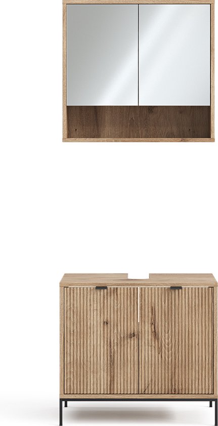 Houten badkamermeubelset in Viking Eik-look met twee deuren, een open vak en spiegelkast.