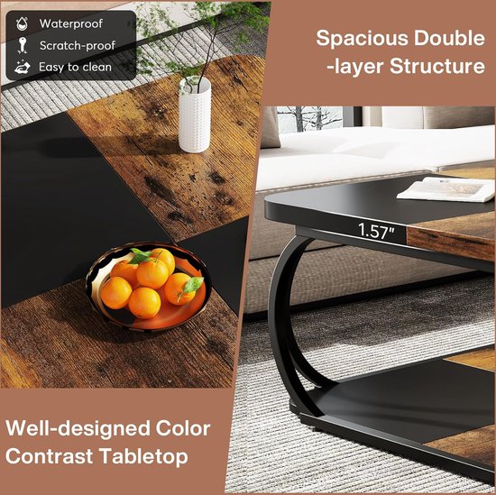 Tribesigns Table basse - Table basse Carrée - Table d'appoint de salon - 100 x100 x 50 cm - Vintage Marron / Zwart - Table basse