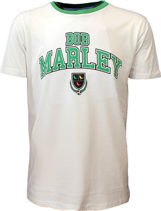 Witte T-shirt met groen shirtkraag en grote groene opdruk 'BOB MARLEY' en embleem.