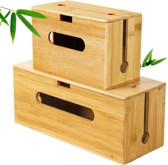Lannvan Kabelbox - set van 3 ABS-kunststof met bamboedeksel - bureau-organizer om kabels te verbergen - kabelmanagement box, groot, medium en klein (wit Lannvan Kabelbox - set van 3 ABS-kunststof met bamboedeksel - bureau-organizer om kabels te verbergen - kabelmanagement box, groot, medium en klein (wit