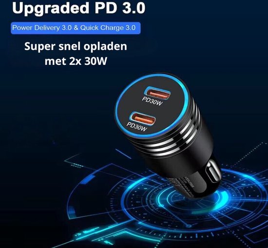 Chargeur de voiture Rolio 60W - 2x USB C - Chargeur rapide - Universel - Chargeur de voiture - Accessoires de voiture