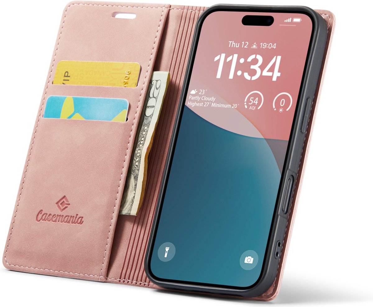 CaseMania Bookcase hoesje geschikt voor iPhone 16 Plus - Effen Roze - Kunstleer