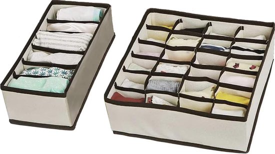 Doodadeals® - Kleding Organizer – Ondergoed – BH – Sokken – Opbergbox – 24 + 6 vakken – Beige/Bruin – Set van 2