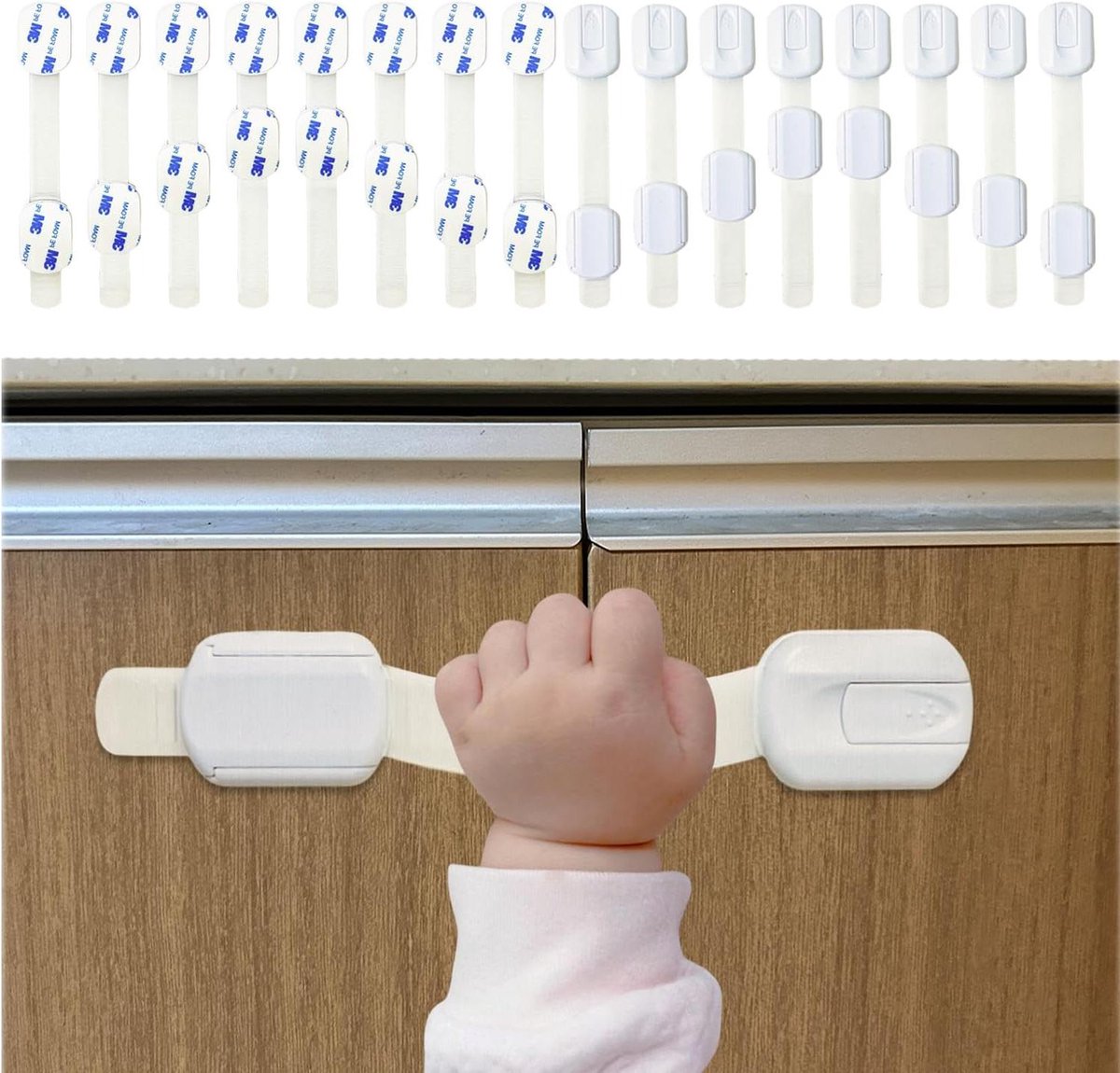 Image of 16 stuks Kinderveiligheidskastsloten - Verstelbare kastsloten voor kinderen - Babyproof lade, kasten, koelkast, prullenbak - Eenvoudig te installeren - Sterke lijm - Verstelbare lengte