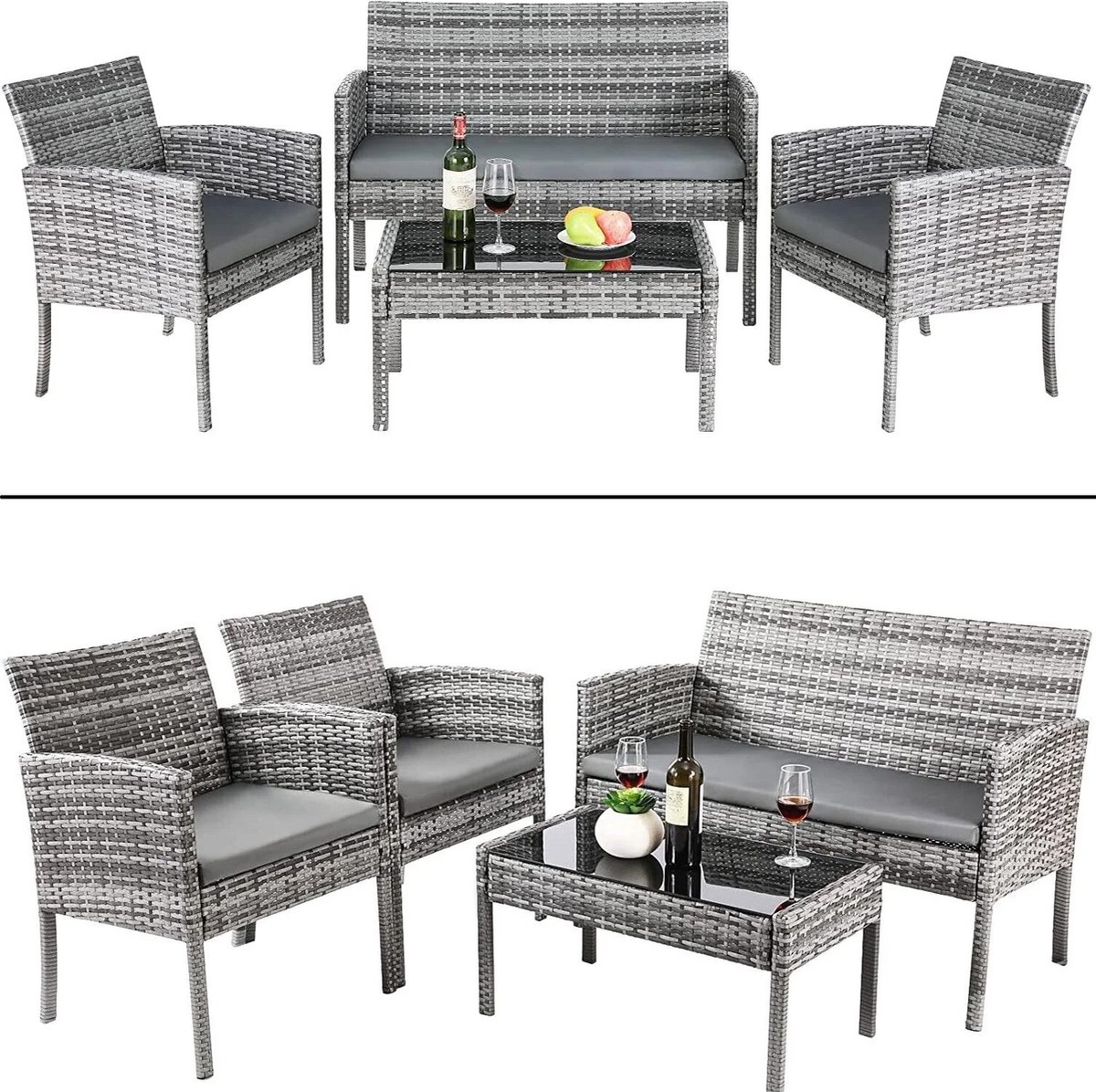 Tuinset - Tuinbank - Tuinstoelen - Tuintafel - Set van 4 - Loungestoelen inclusief kussens
