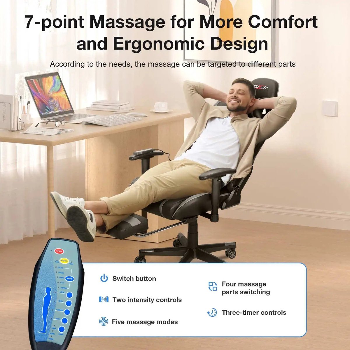Gaming Ergonomische Massage Stoel - Hoge Rug - Wit - Max - afbeelding 2