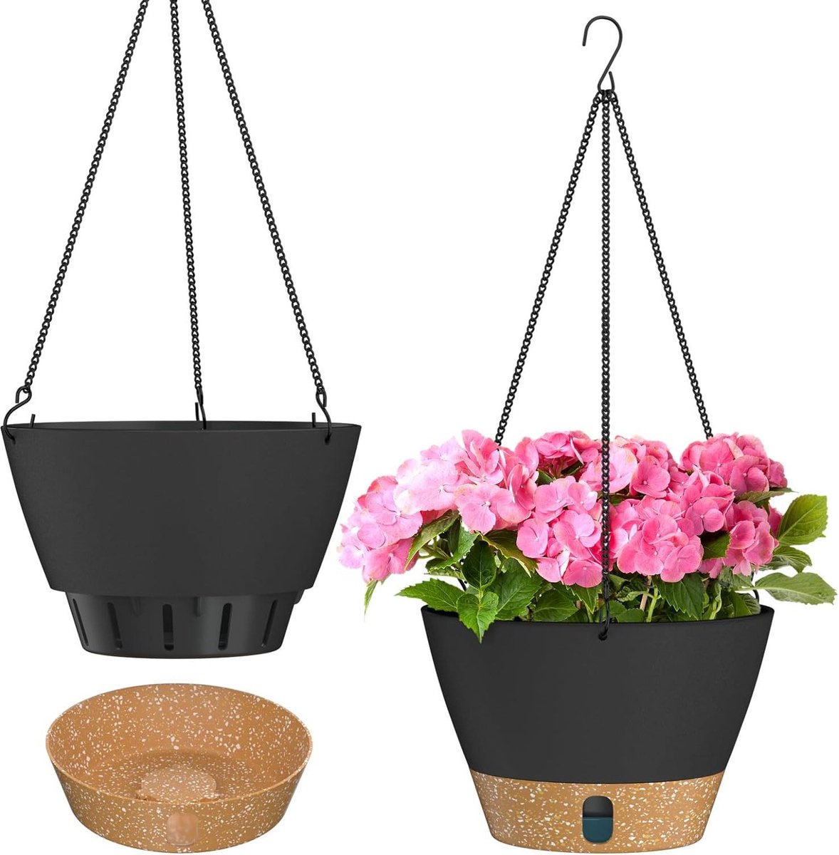 Hangende Plantenpot 20 cm Tuinornamenten Bloempotten Waterpeil Bak Drainagegaten Binnen Buiten Planten Donkergrijs Set van 2