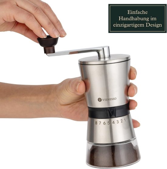 VIENESSO Handmatige koffiemolen keramisch maalwerk, handmatige koffie- en espressomolen 8 maalstanden, roostvrijstaal, glazen reservoir e-book