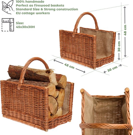 Creative Home Grote Houtdrager Rotan Brandhoutmand Haardmand Draagtas | 67 x 41 x 43 cm | Opslag Ovale Houtmand Rieten Mand voor Brandhout/Hout | Bruine Dikke Rieten Brandhoutmand met Strepen