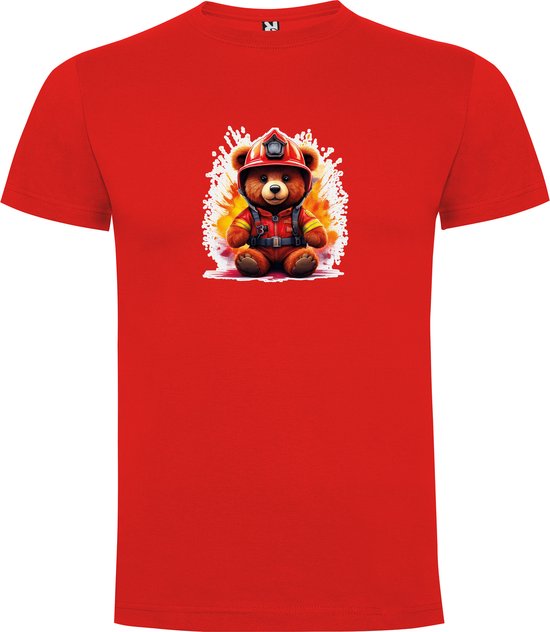 Rood T-Shirt met “Kleurrijke Brandweer TeddyBeer “ Print Full Color Maat 2XL