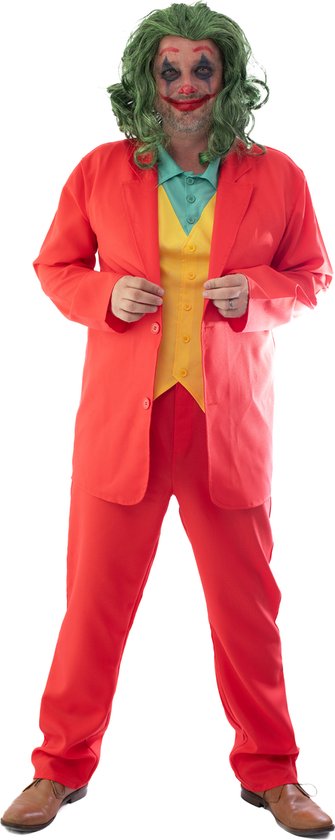 The Joker Kostuum - Joker Pak Voor Heren met Pruik - 4-Delig - Halloween Kostuum Volwassenen - Carnavalskleding Heren - Scarlet - Maat L - Polyester - Rood/Geel/Groen - Broek/Jasje/Overhemd met ingenaaid Gilet/Pruik
